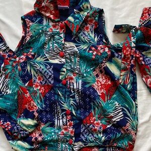 Tropical Print long sleeved off the shoulder Button Down Shirt